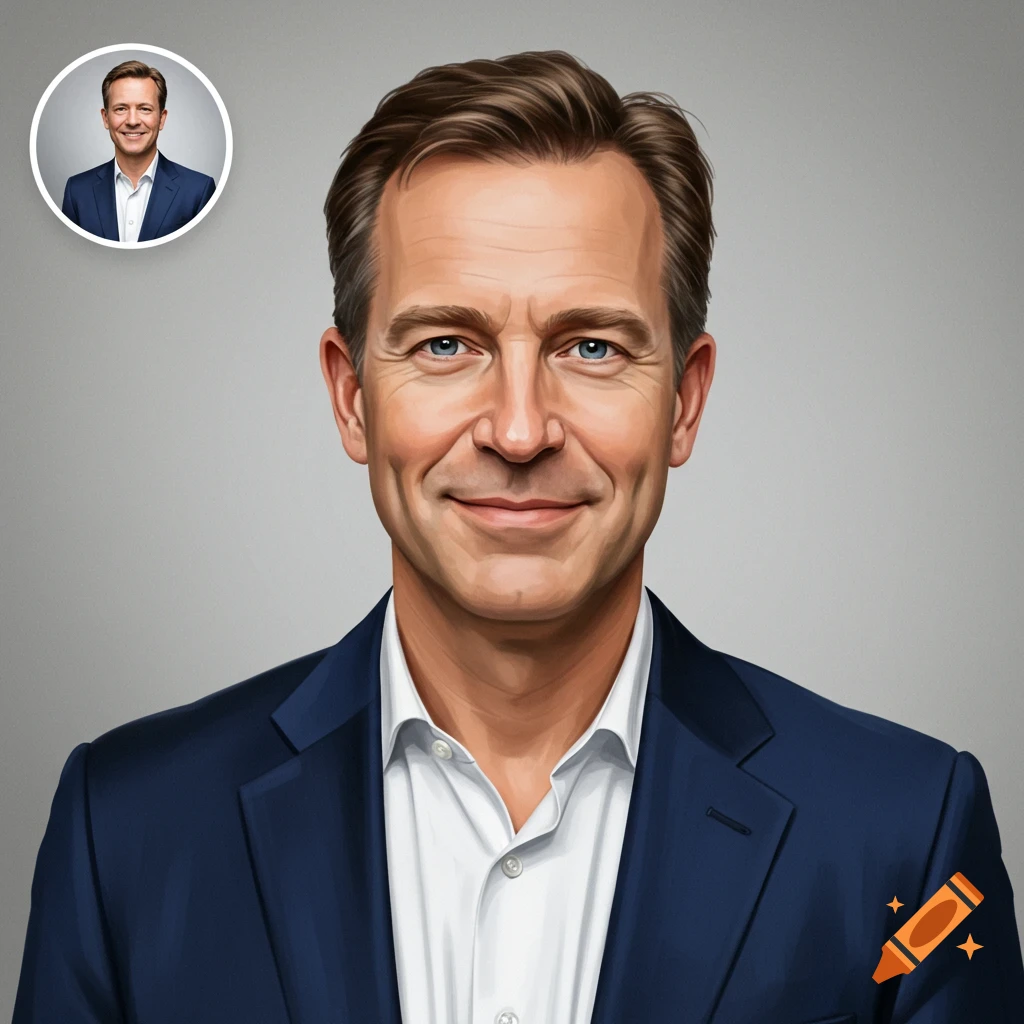 A smiling man in a suit with a smaller inset portrait.