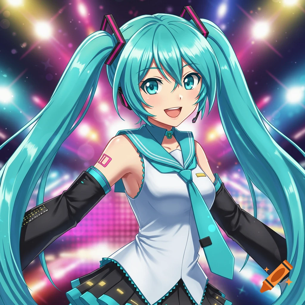 Anime illustration of Hatsune Miku performing on stage with bright lights.