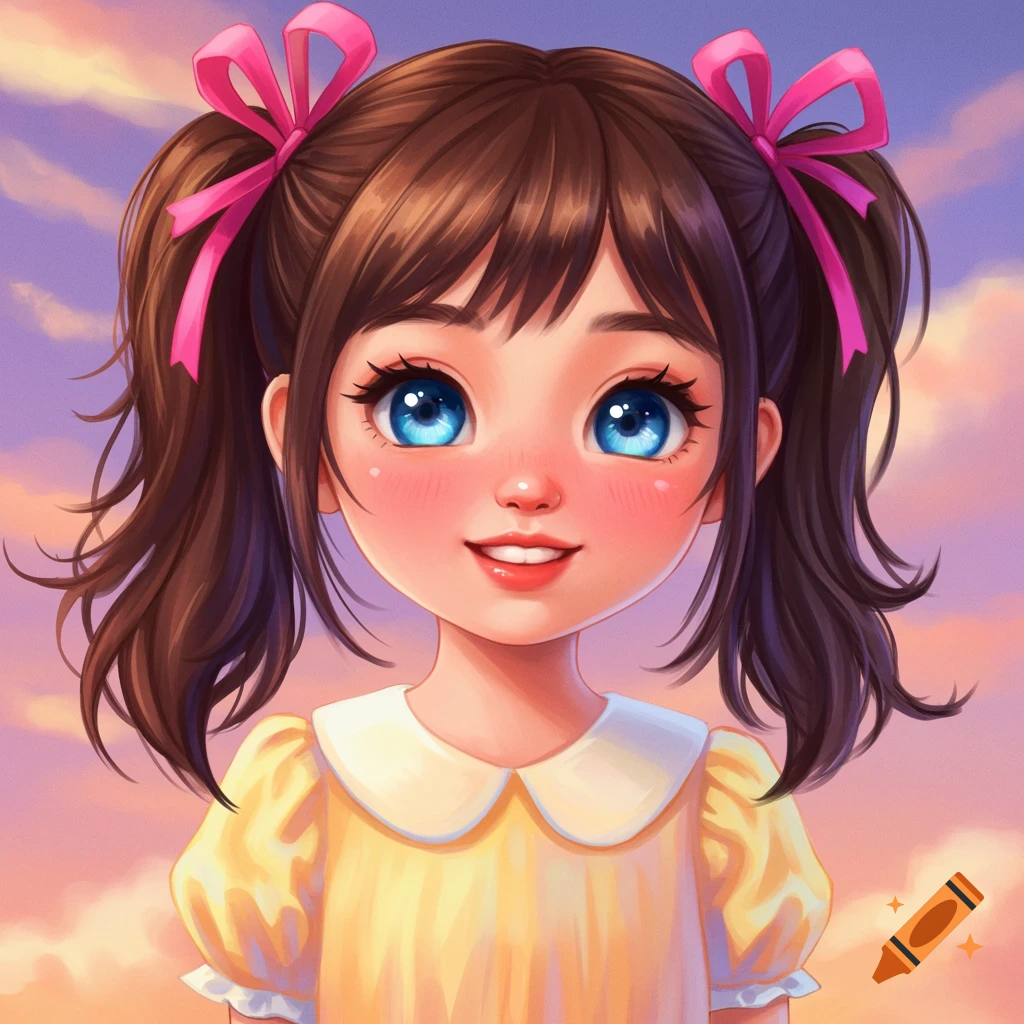 A cute girl with brown pigtails and pink bows, bright blue eyes, and a yellow dress, against a sunset sky.