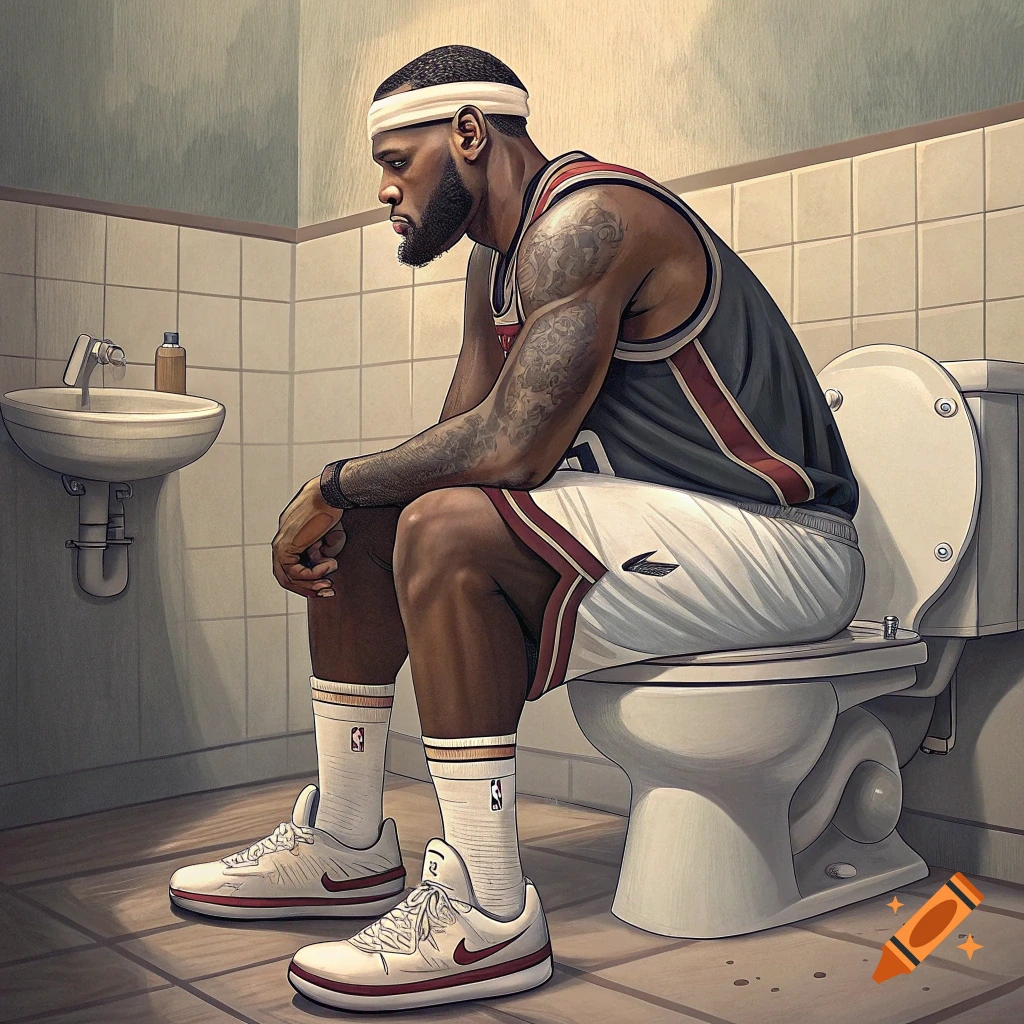 Illustration of LeBron James sitting on a toilet in a bathroom, wearing a basketball jersey and shoes.