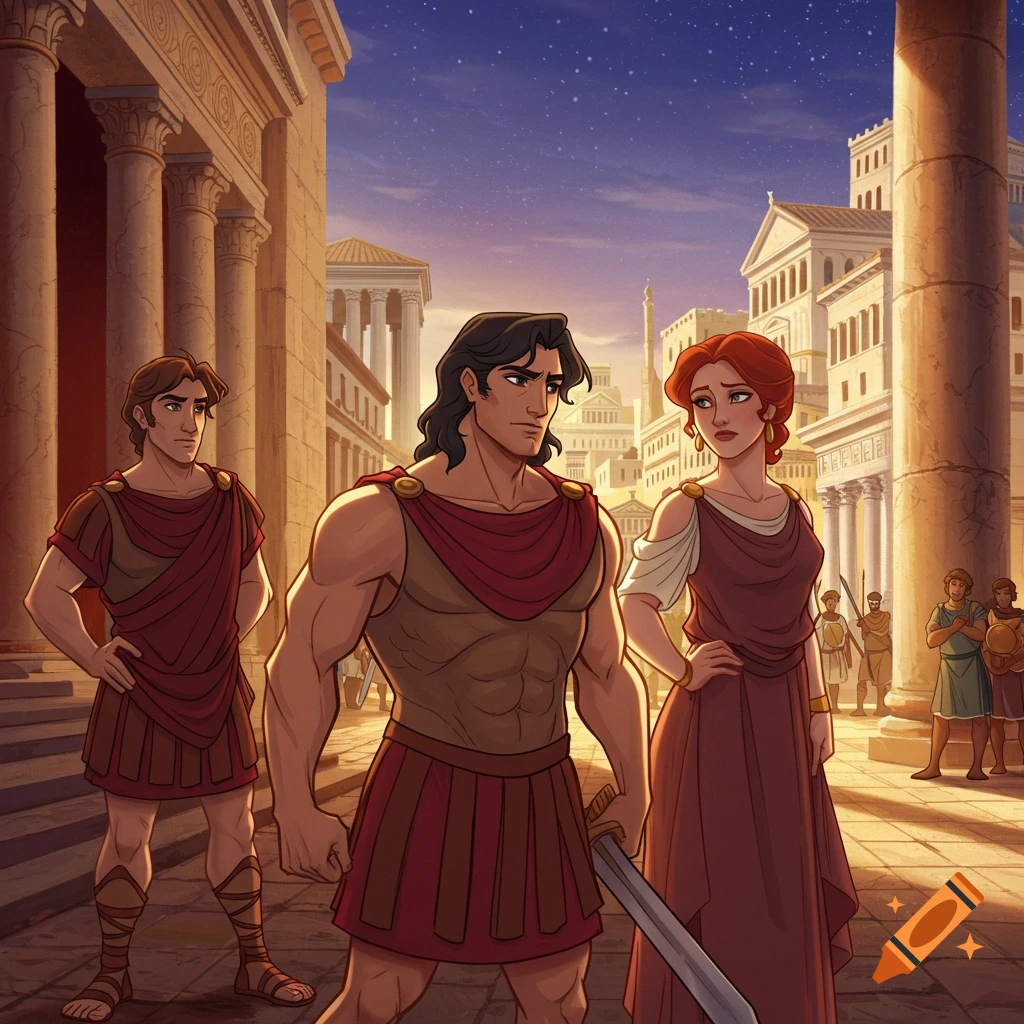 Two men and a woman in Roman attire stand in a classical city street, in a Disney animation style.