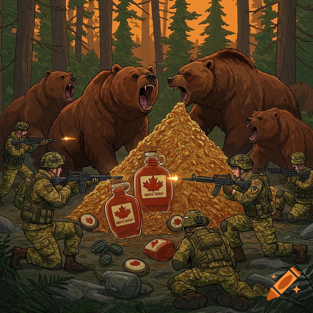 Canadian soldiers fighting bears over a pile of maple syrup.