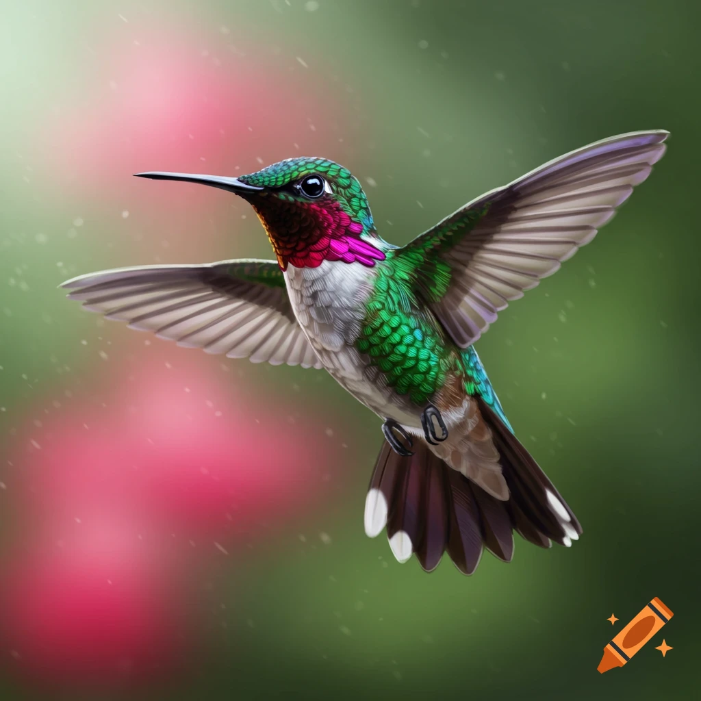 A close-up of a brilliantly colored hummingbird in flight.