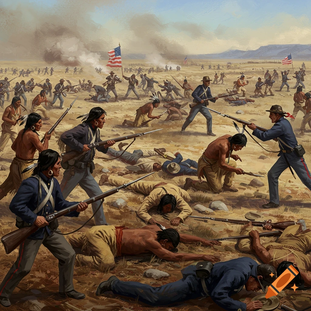 Painting of a historical battle between soldiers and Native American warriors in a dusty desert.