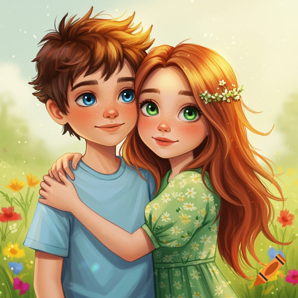 A boy embraces a girl in a field of wildflowers.