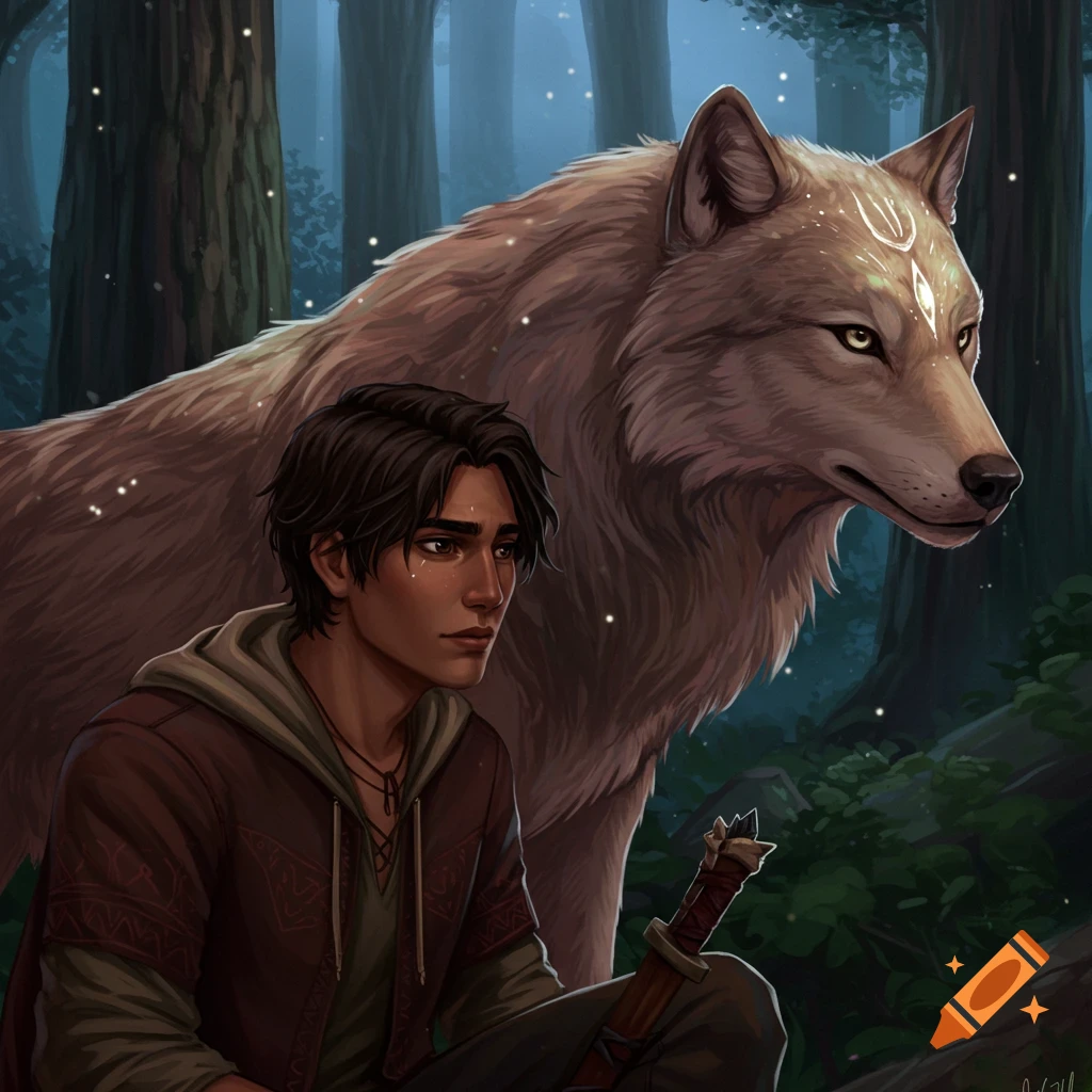 A young man stands beside a large wolf in a forest.