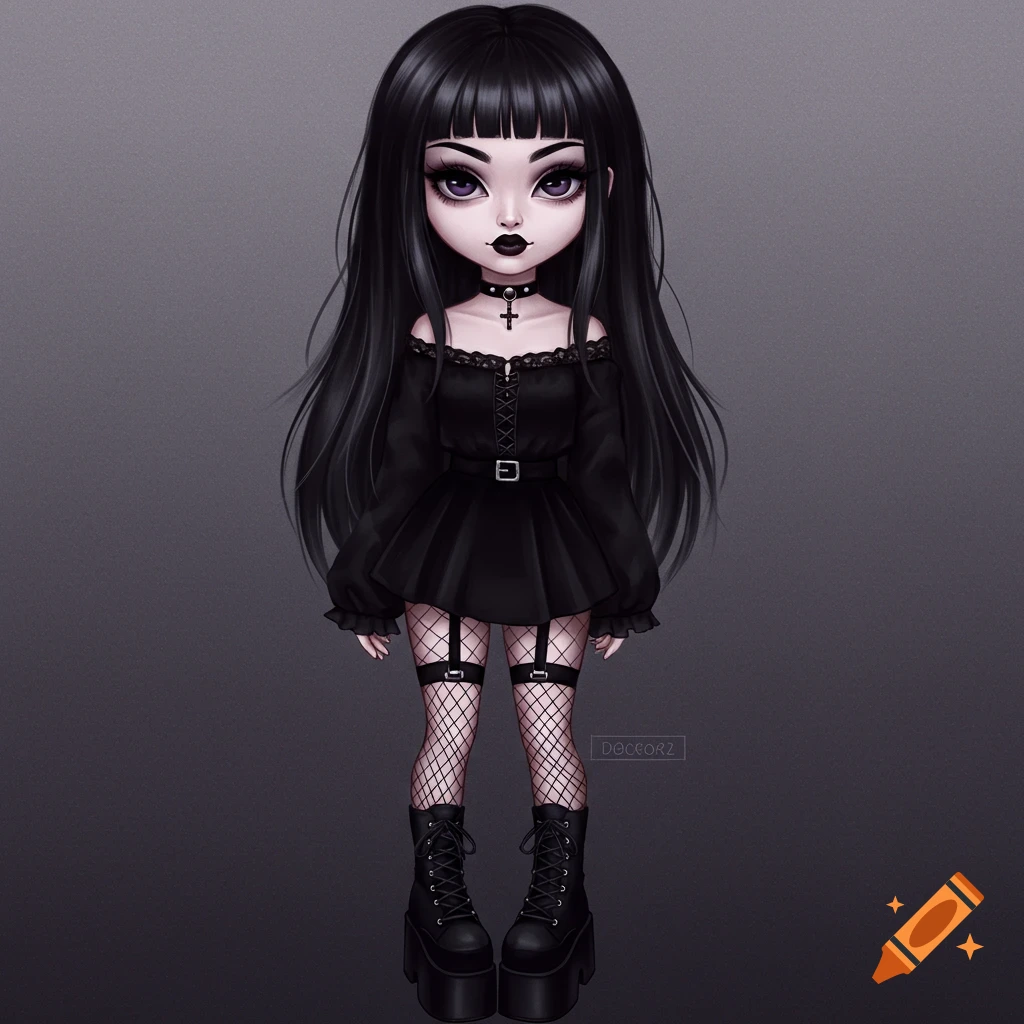 A gothic doll illustration with long black hair, dark makeup, black dress, fishnets, and platform boots.