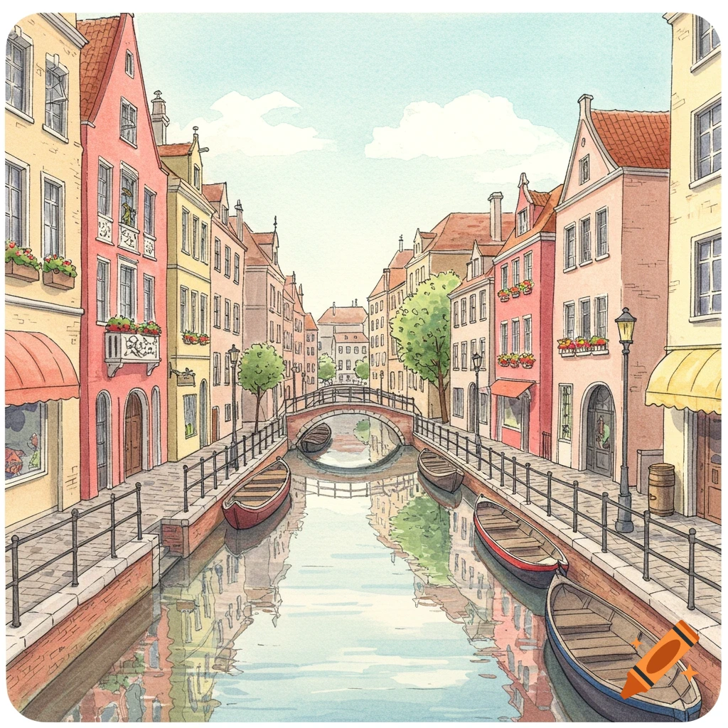 Hand-drawn watercolor of a European city canal with colorful buildings and boats.