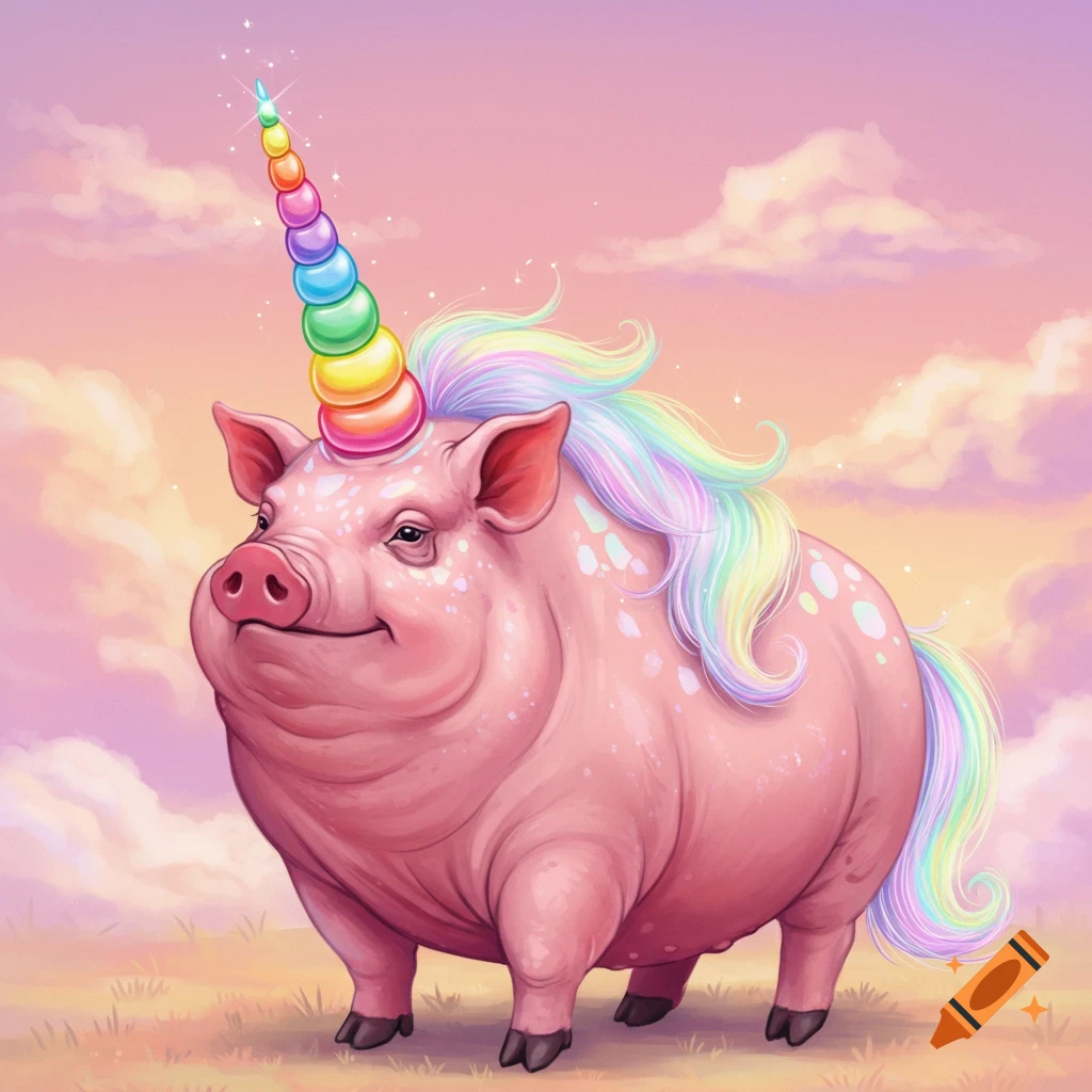 A pink pig with a rainbow unicorn horn and mane stands in a grassy field under a cloudy sky.