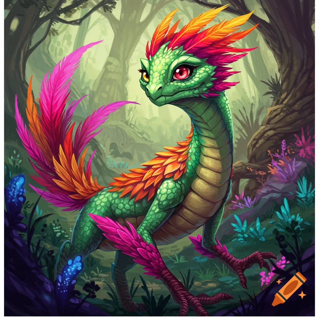 A colorful, feathered green fantasy creature stands in a mystical forest.