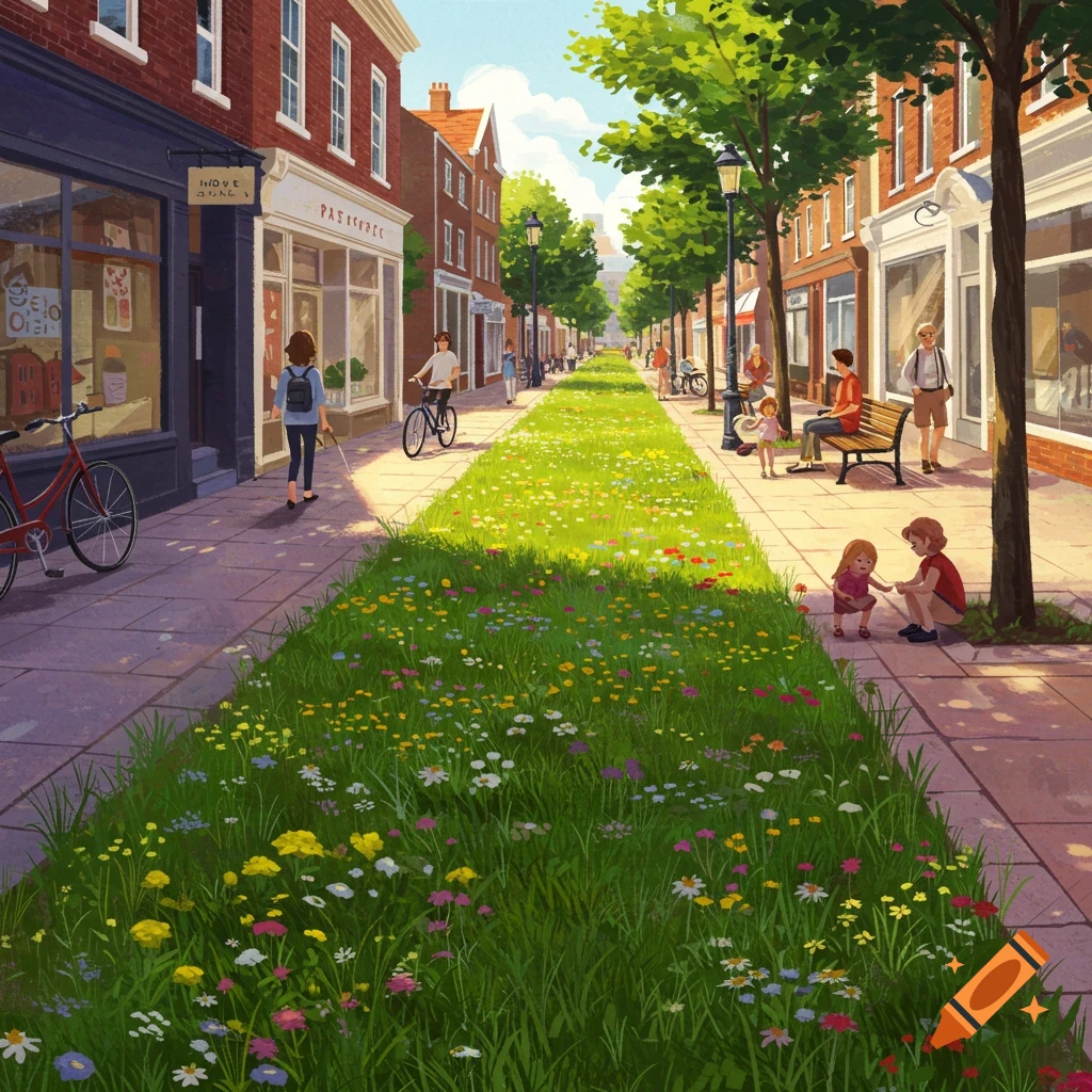 A colorful illustration of a street with buildings lining a central path filled with grass and wildflowers. People walk, bike, and sit along the path.