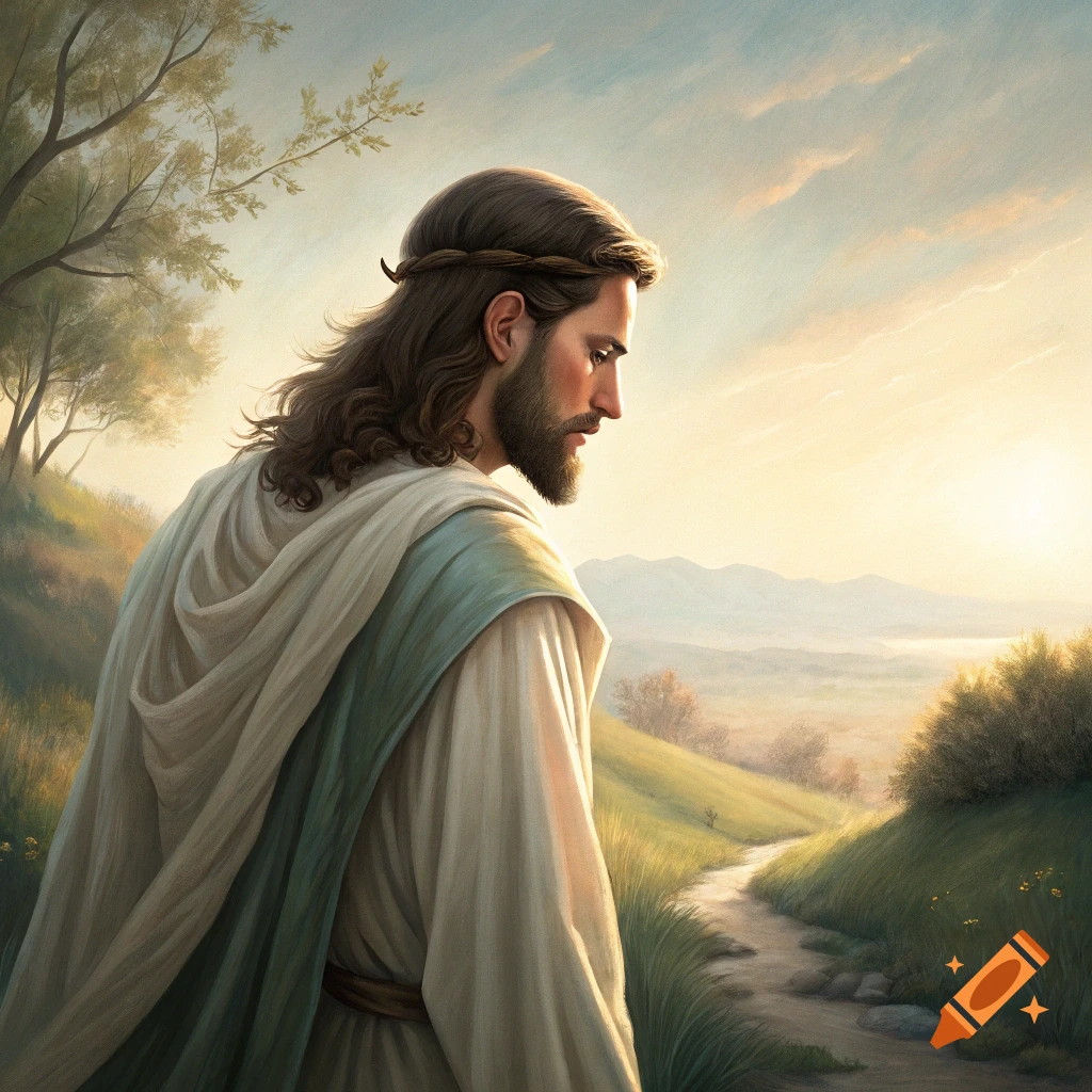 Jesus walking on a grassy path in a landscape at sunrise, looking over his shoulder, painting style.