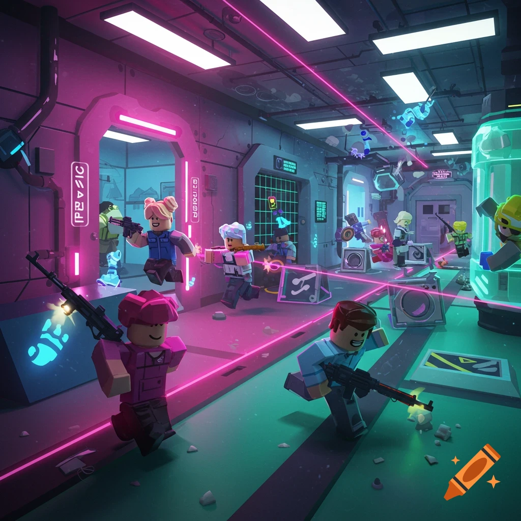 Roblox-style characters battle in a futuristic sci-fi arena with laser beams.
