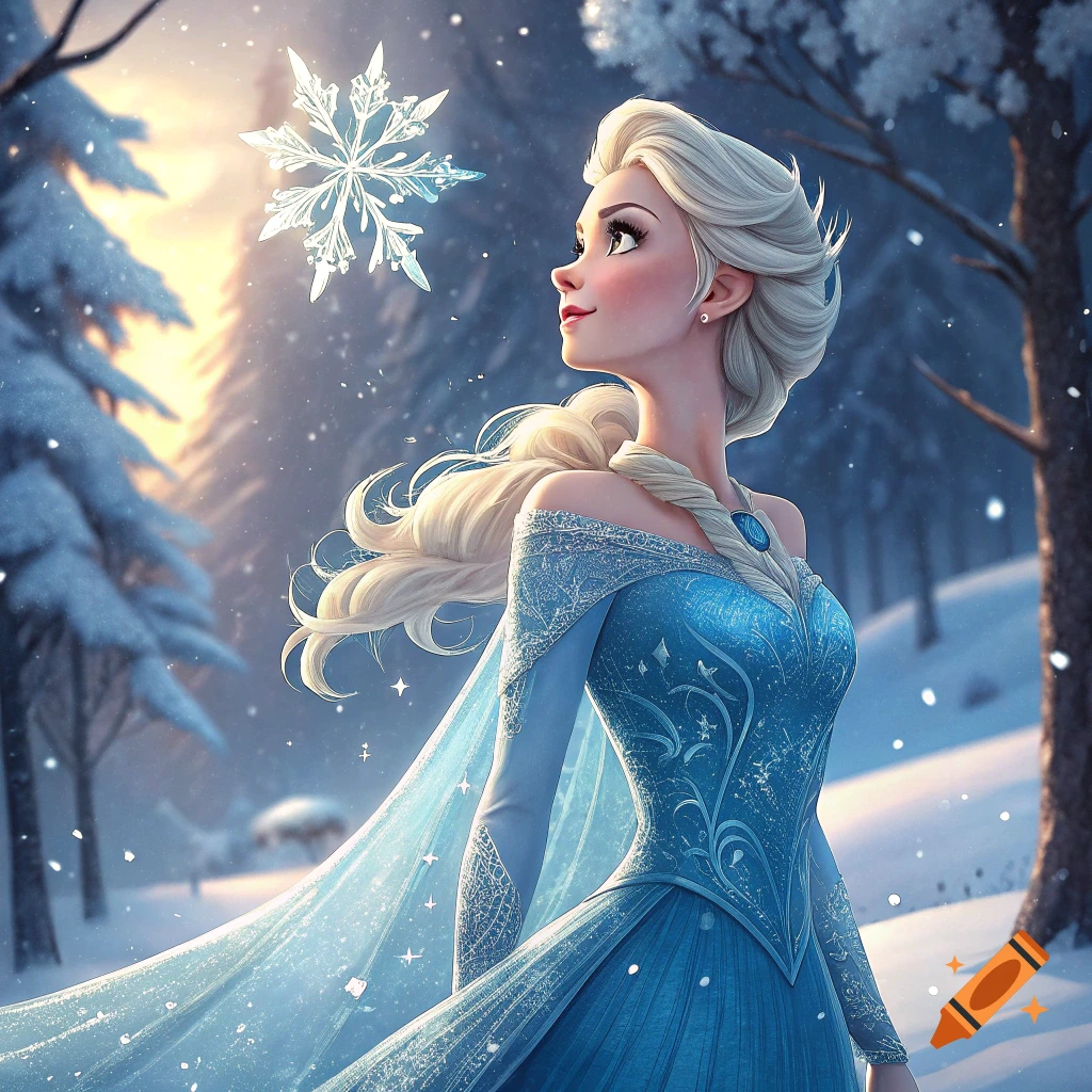 Elsa from Frozen looks up at a large snowflake in a snowy forest.
