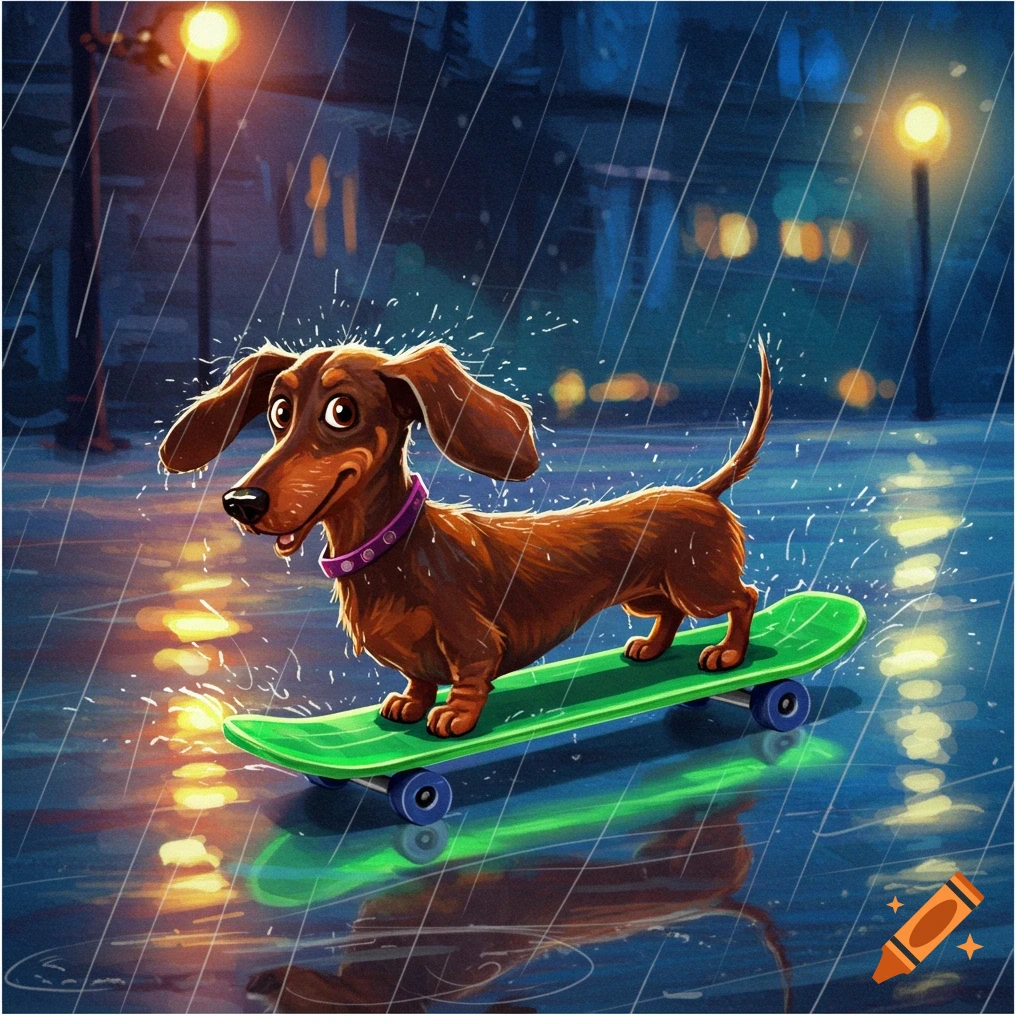 A brown dachshund rides a green skateboard in the rain at night.