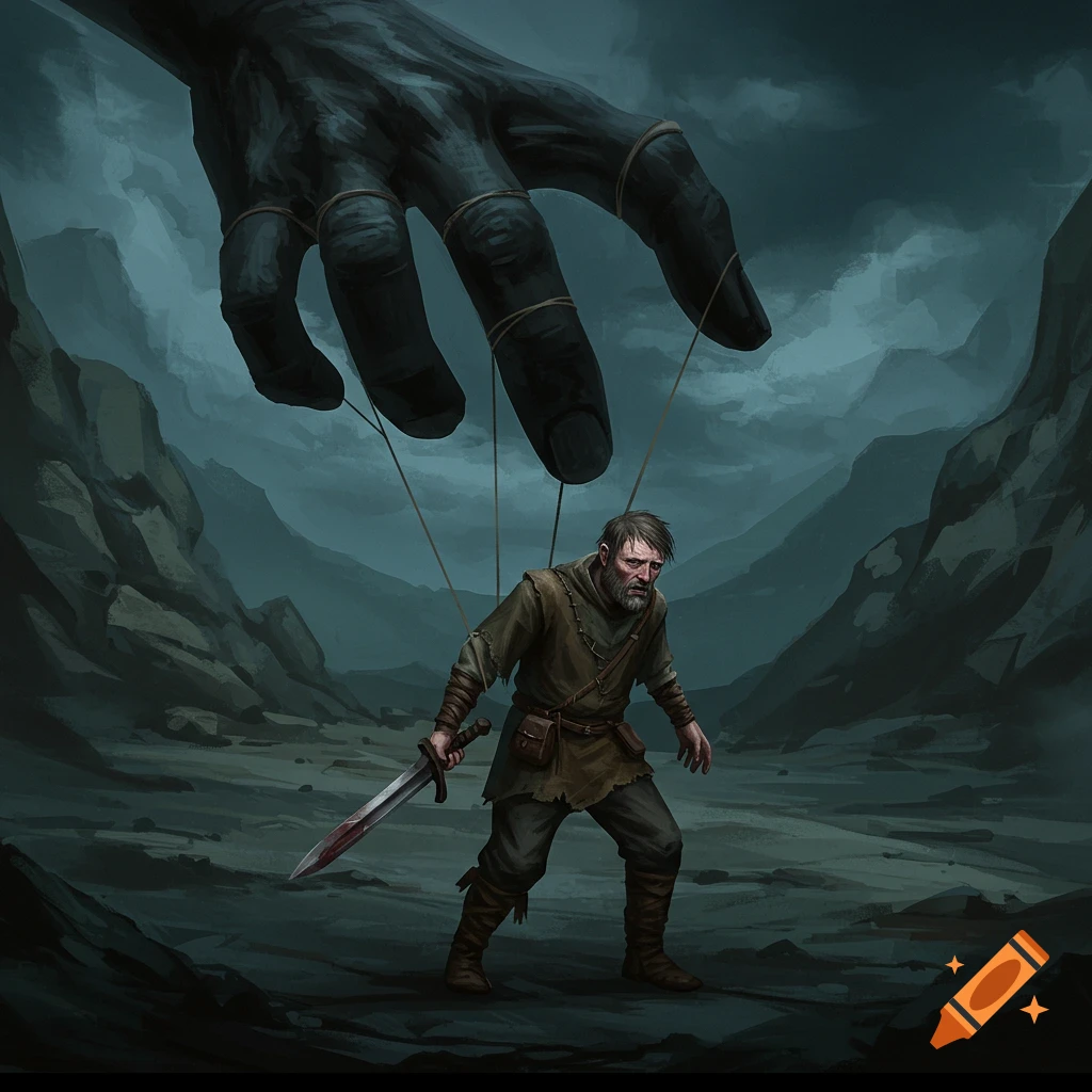 A man is controlled like a puppet by a giant hand in a dark, mountainous landscape.
