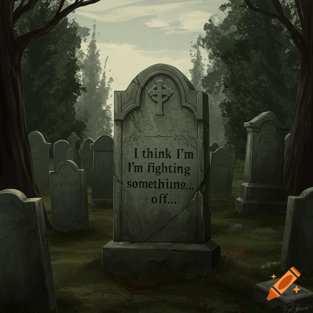 A tombstone in a graveyard with the text 'I think I'm I'm fighting somethiing... off...'