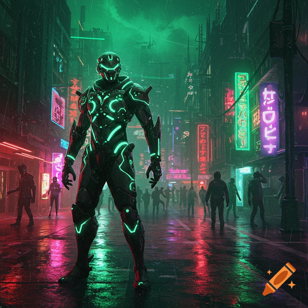 A figure in glowing cyber armor stands in a neon-lit, rain-slicked street in a cyberpunk city.