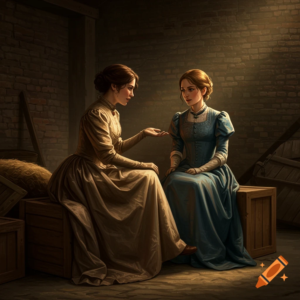 Two women in Victorian dresses sit on crates in a dimly lit room, talking.