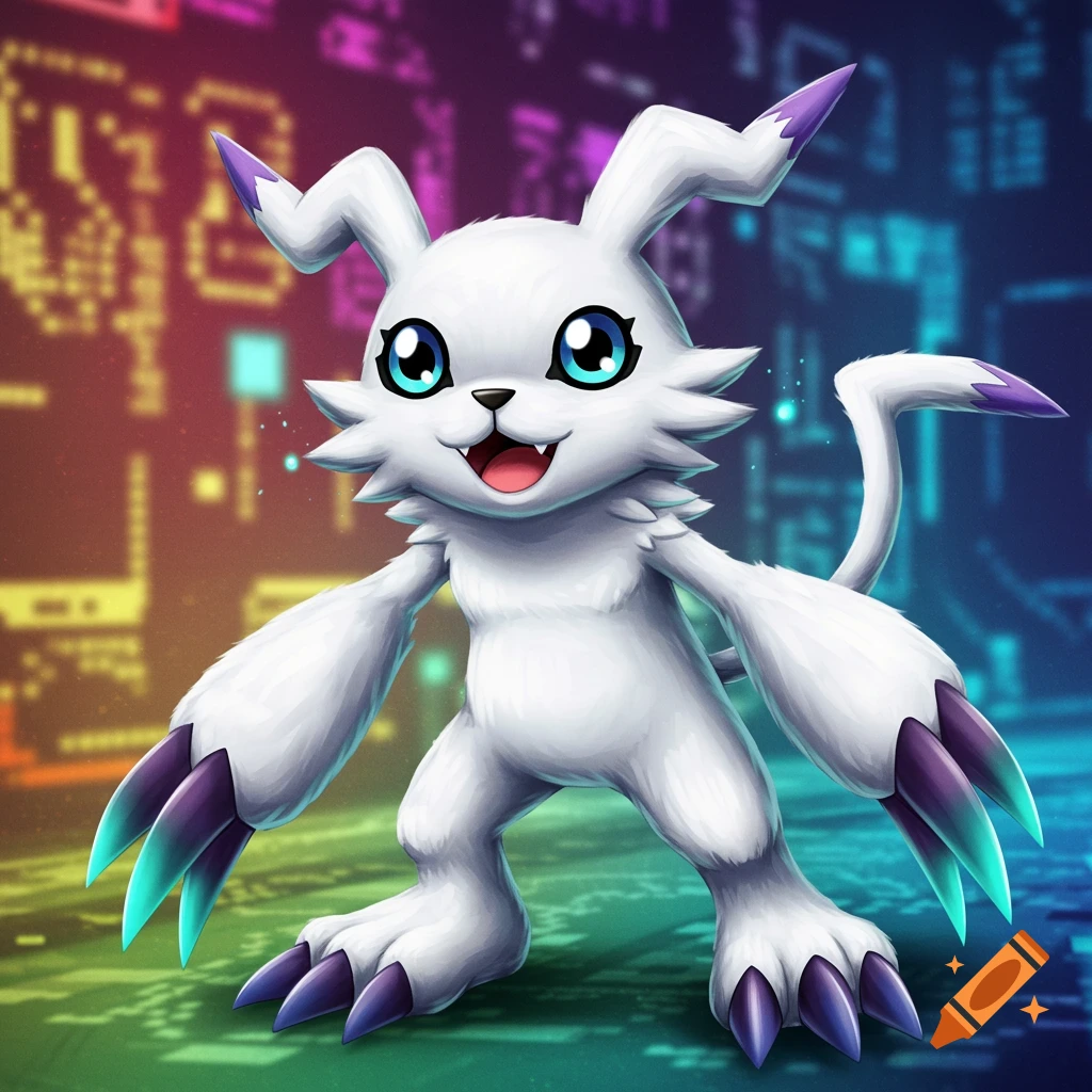Anime style illustration of the Digimon Gaomon in a digital background.