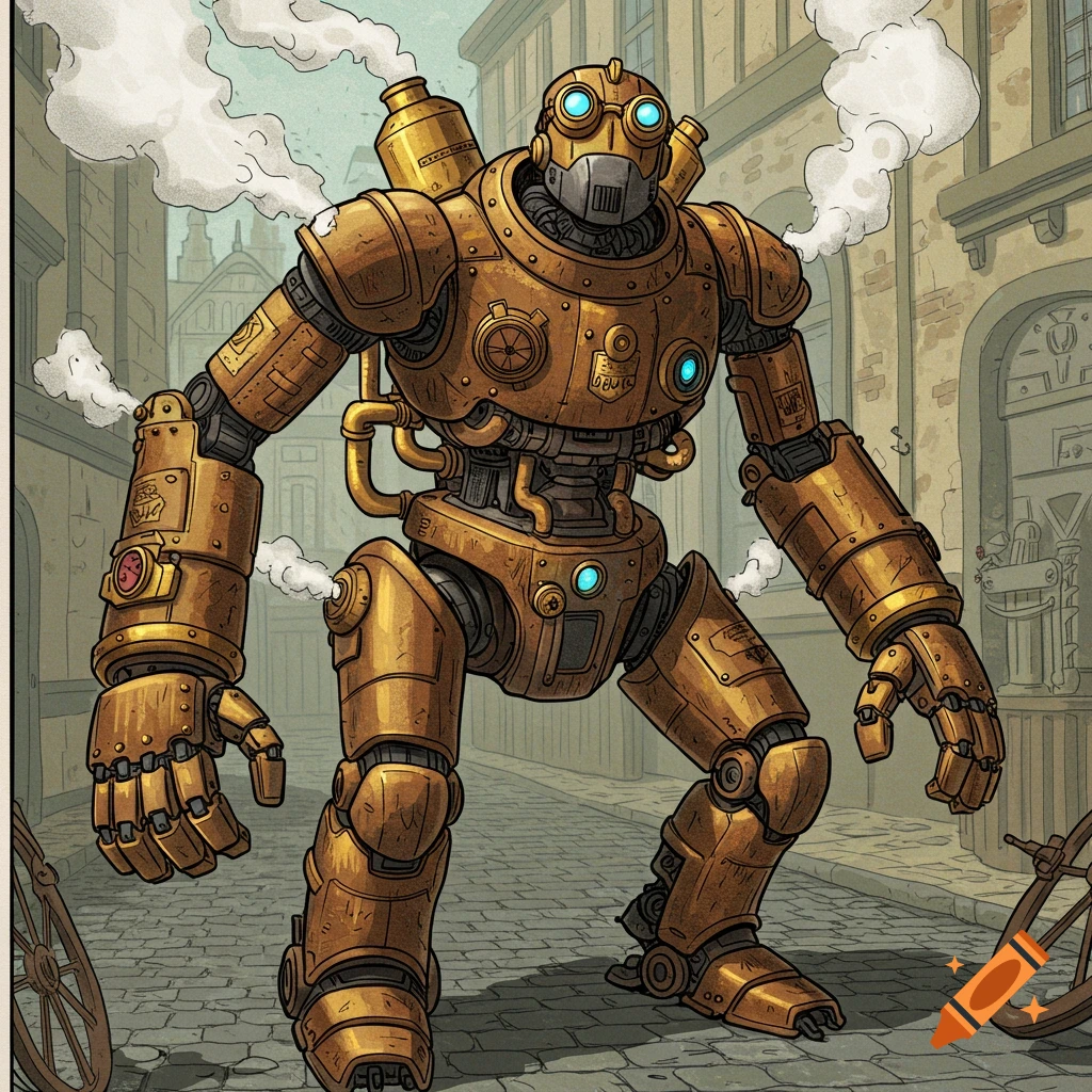 A manga style illustration of a steampunk robot standing in a city street with steam.