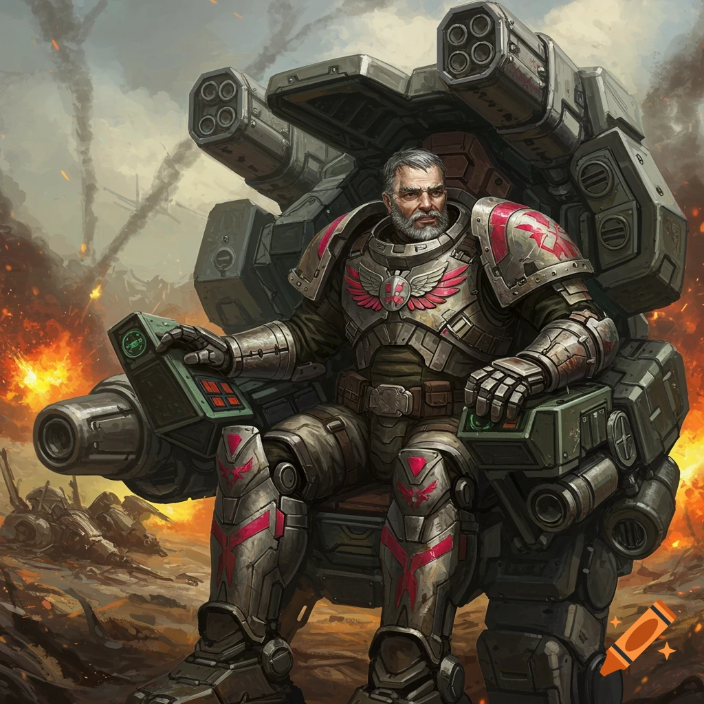 A grizzled warrior sits in a heavy armored mecha control chair amidst a fiery battle scene.