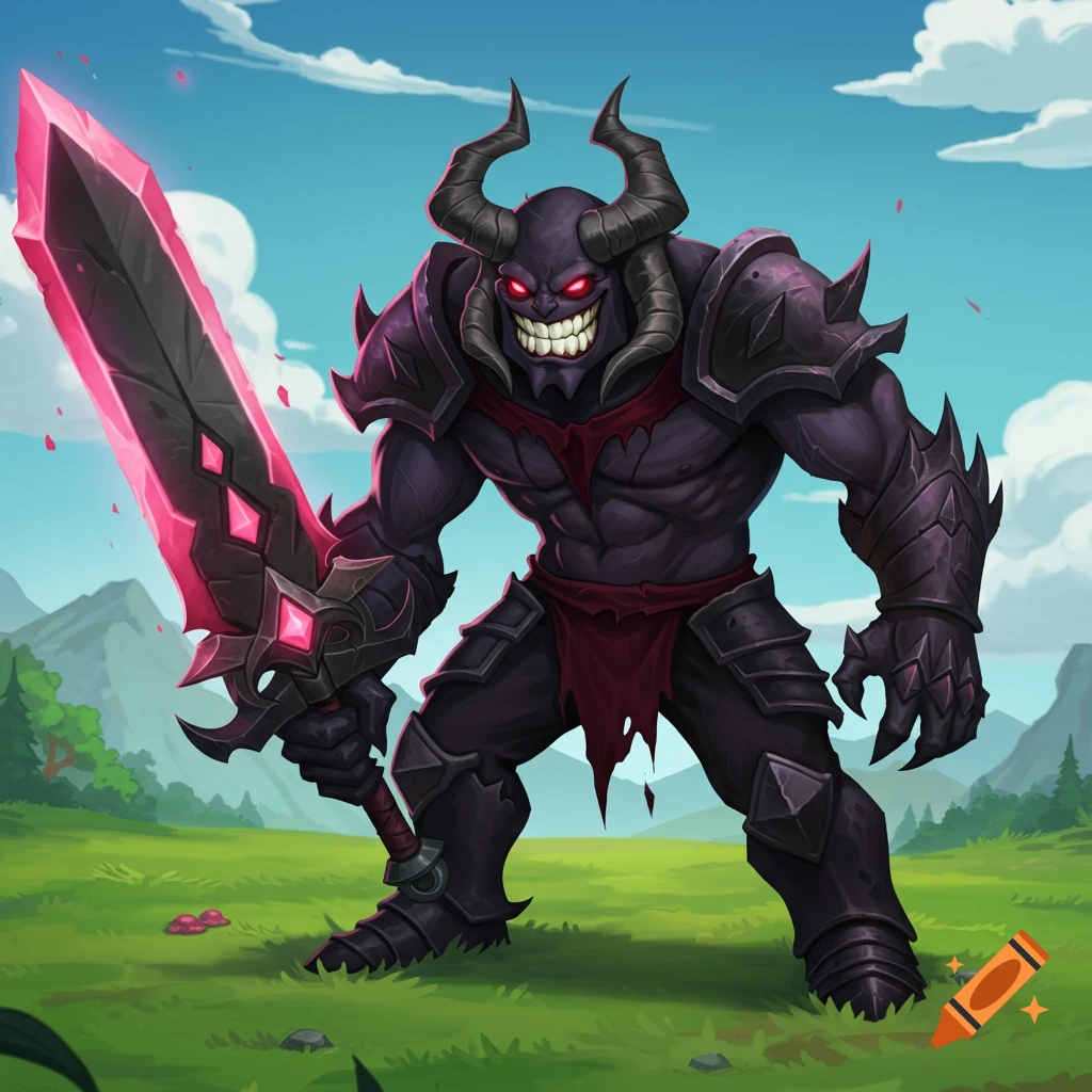 Stylized cartoon horned creature in dark armor with a glowing pink sword in a grassy field