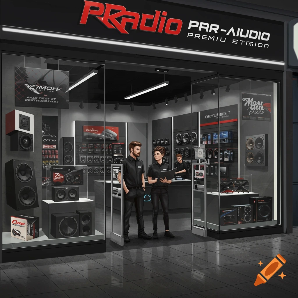 A car audio store with a man and woman standing inside, displaying speakers and equipment