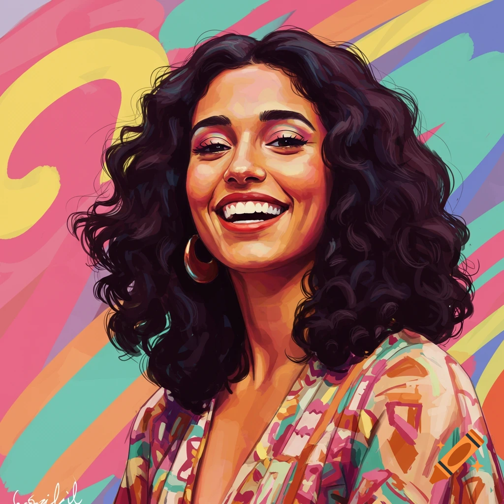 A smiling woman with curly hair is shown against a colorful abstract background.