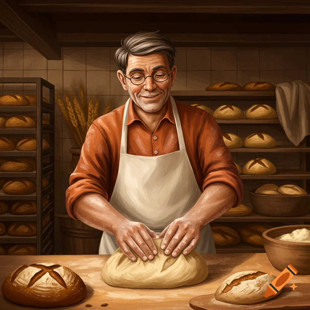 A baker kneading dough in a bakery.