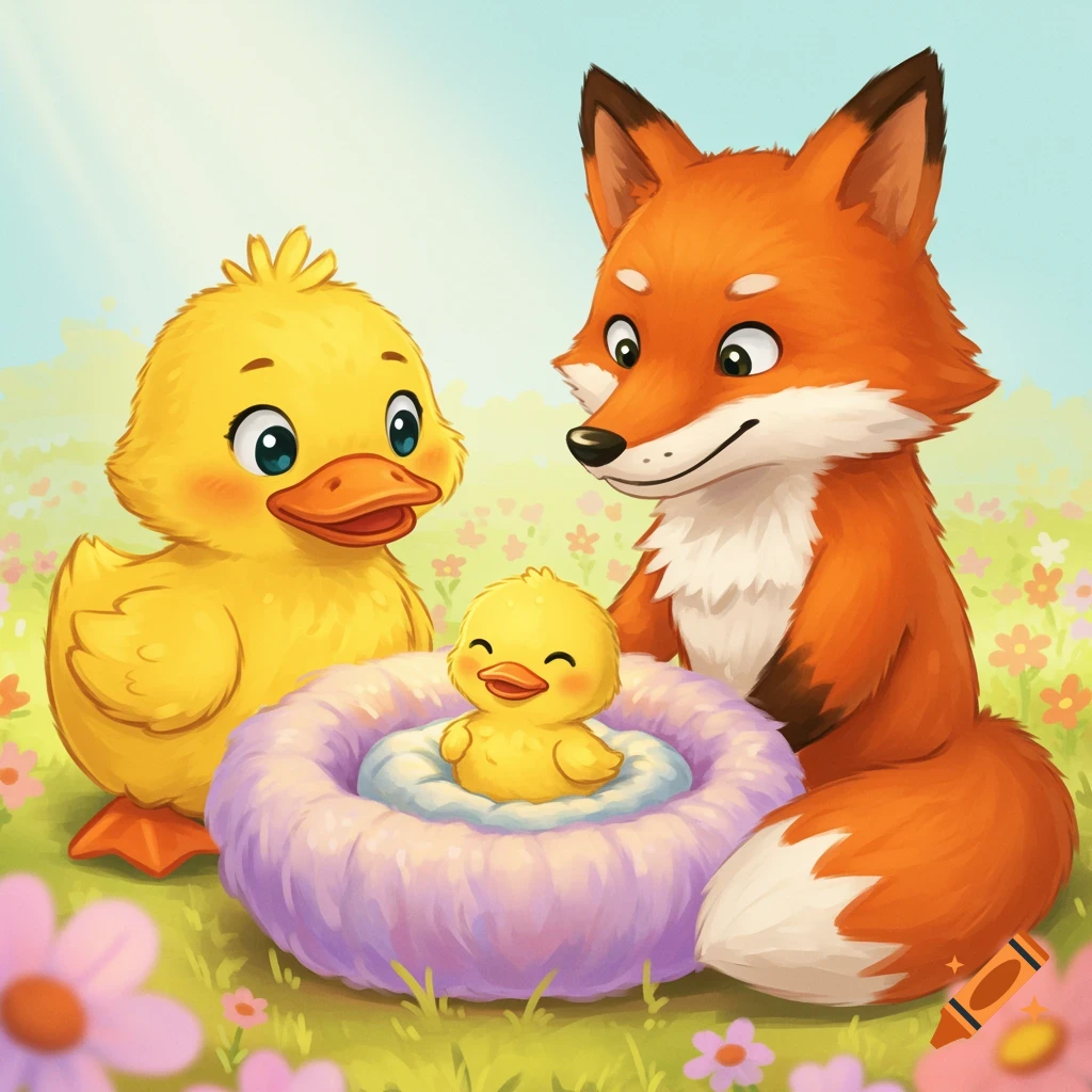 Cartoon duck and fox look at a baby duckling in a nest in a field of flowers, children's book illustration style.