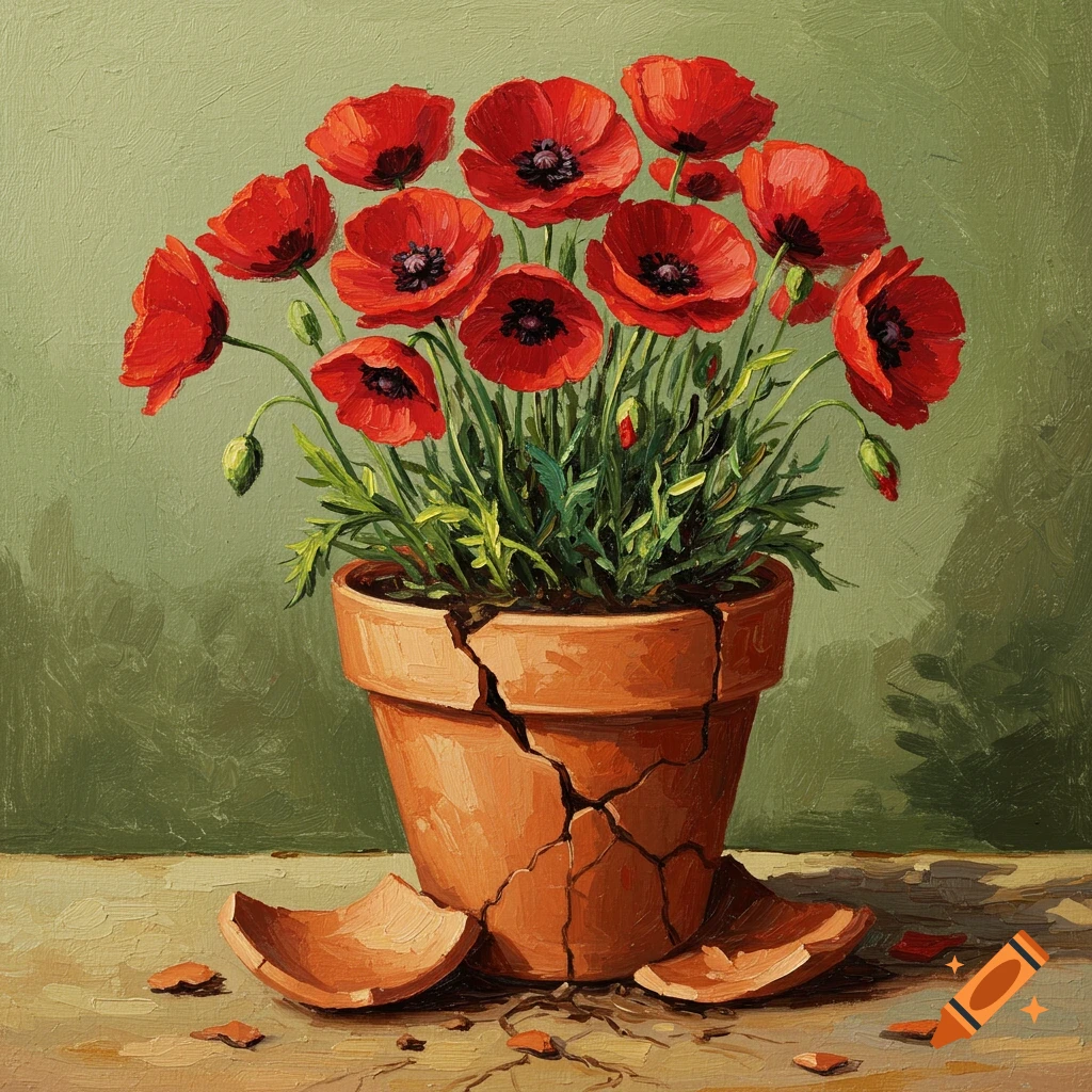 Red poppies in a broken terracotta pot on a table.