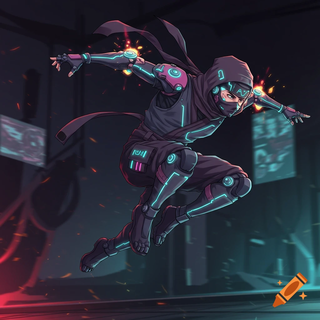 A stylized cybernetic ninja leaps forward in an anime style.