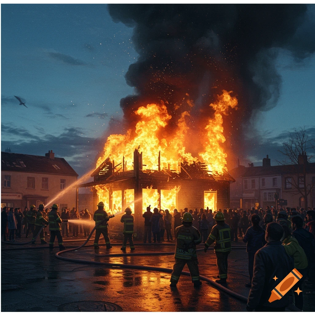 Firefighters battling a large building fire at dusk while a crowd watches.