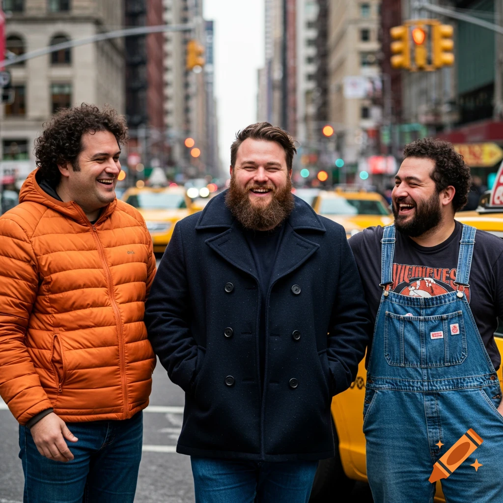 Three friends pose on a New York City street with taxis behind them.