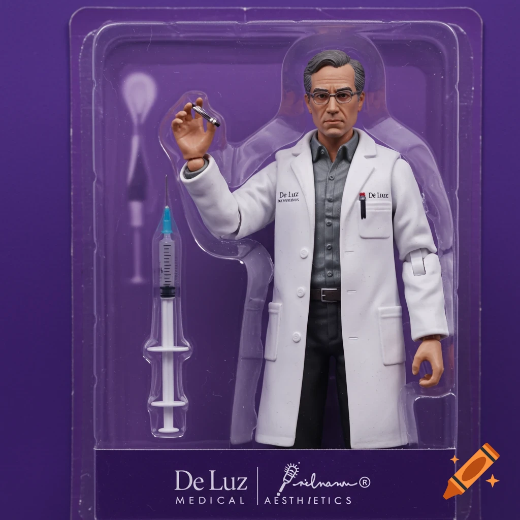 A doctor action figure is in plastic packaging with a syringe.