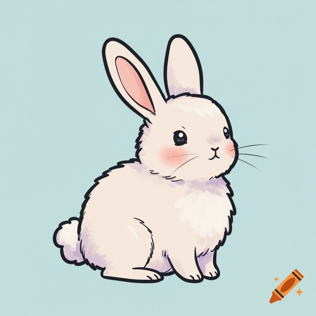 A simple illustration of a white bunny with pink cheeks on a blue background.