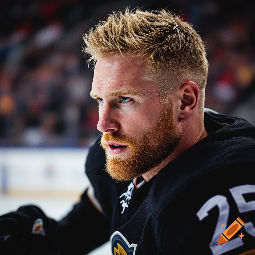 Close-up photorealistic portrait of a male hockey player with a beard and blonde hair, wearing a black jersey with the number 25.