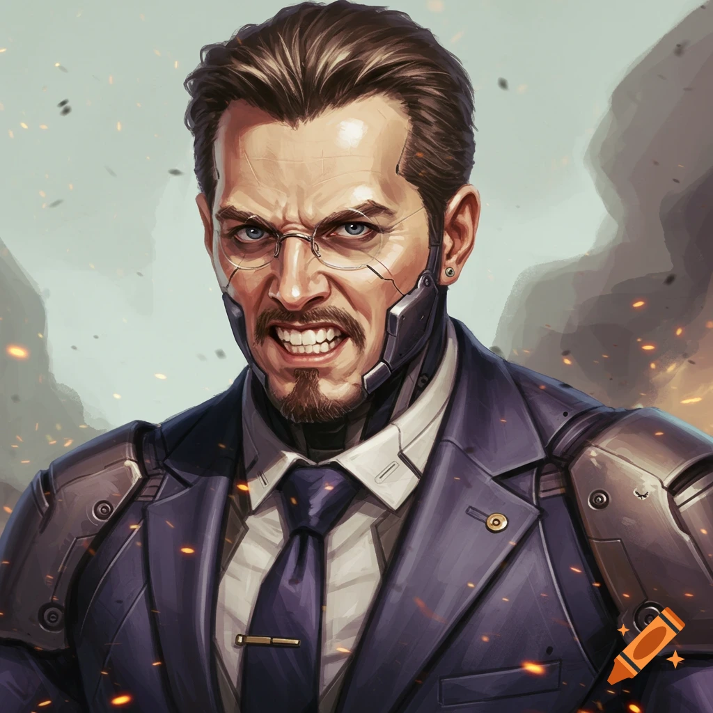 An angry man with cyborg implants wearing a suit against a smoky, battle-damaged background.