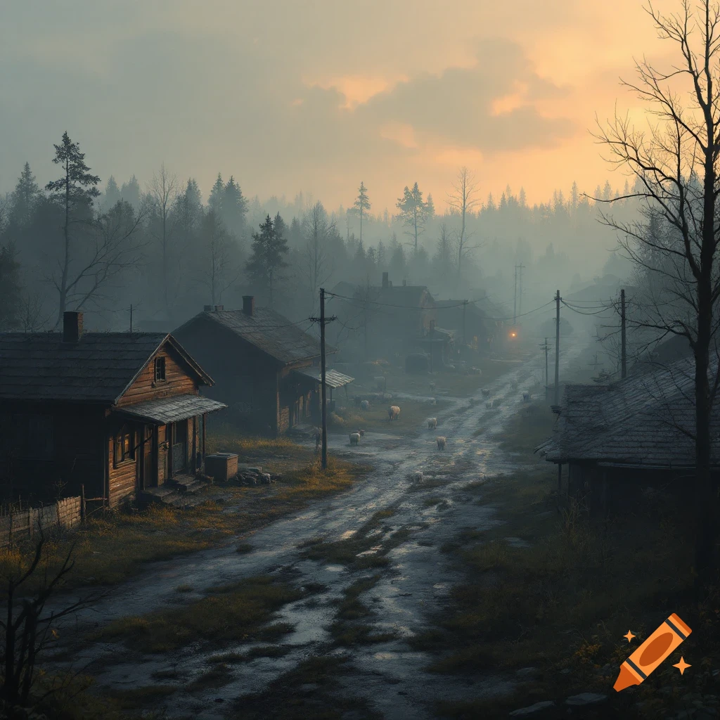 A rural village road in the fog with sheep and forest in the background.