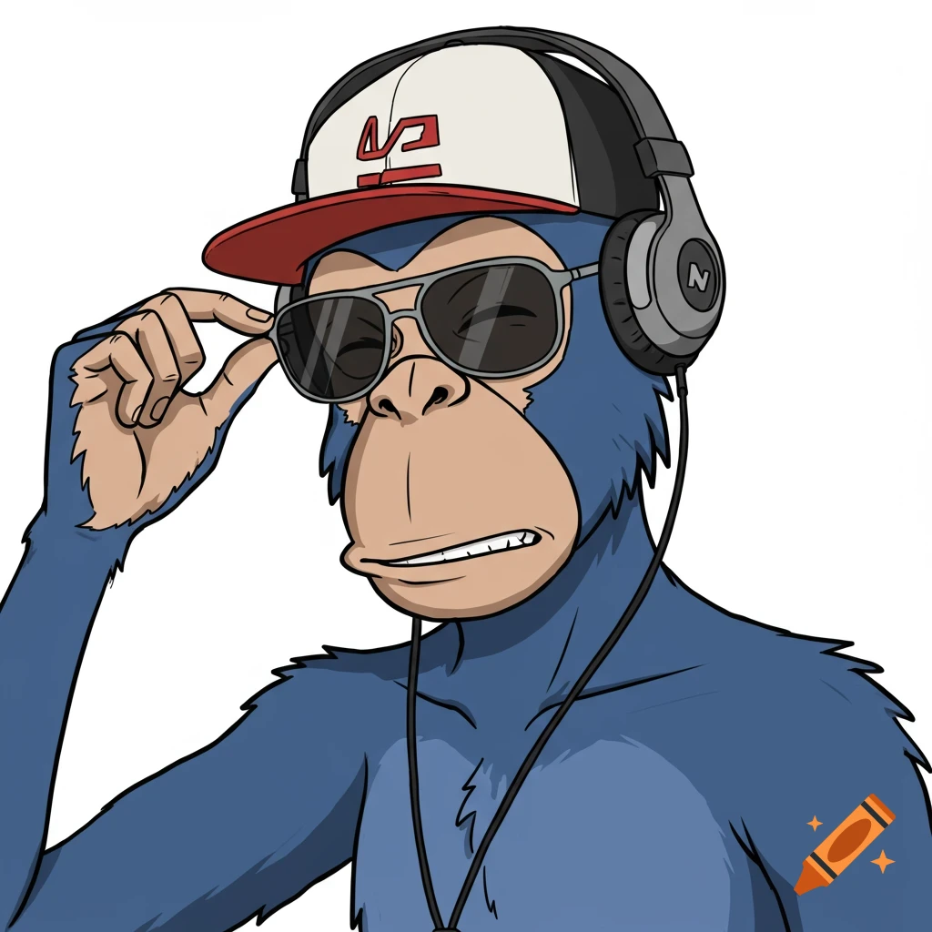Cartoon blue monkey with backwards hat, sunglasses, and headphones lifting his glasses.