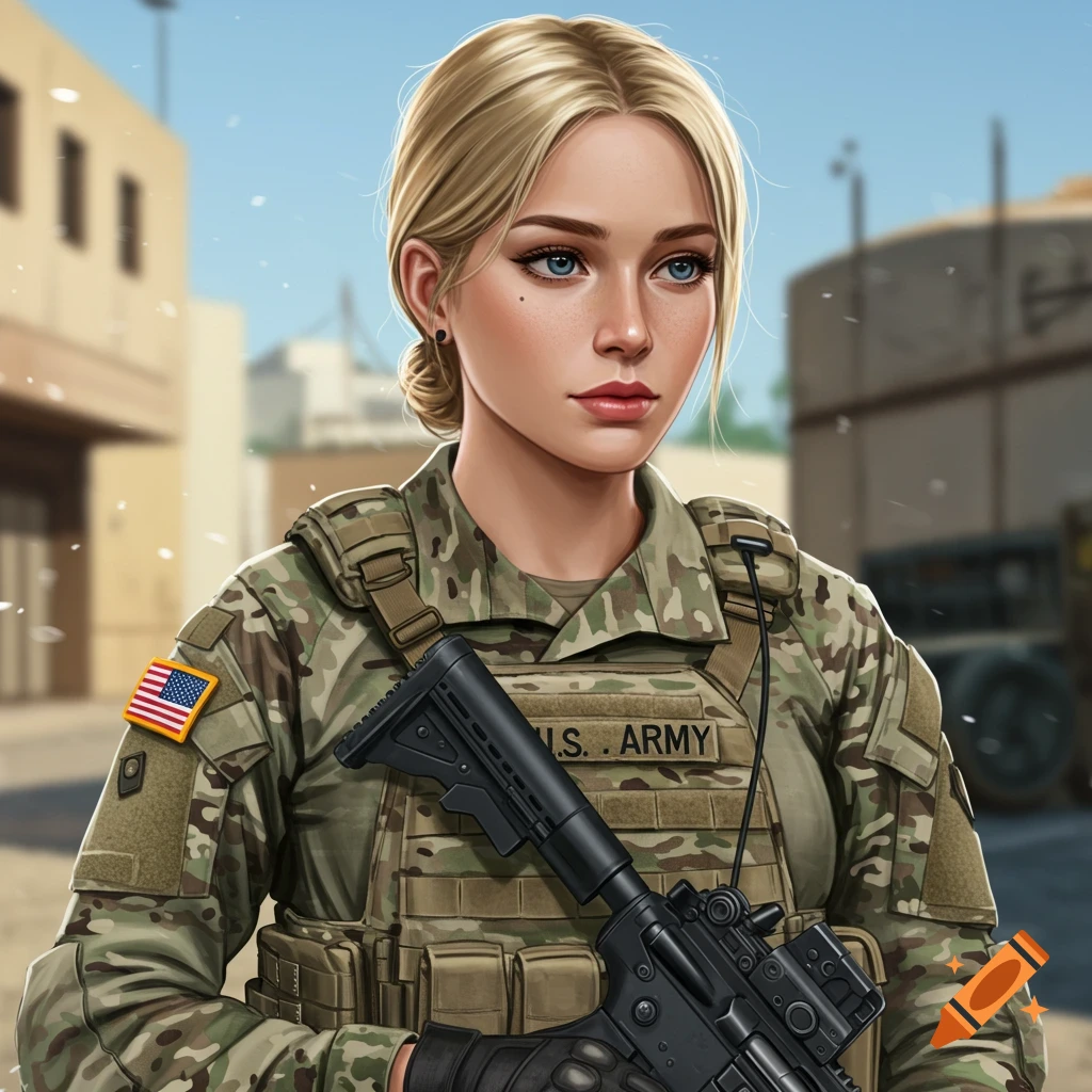 A blonde female soldier in camouflage uniform holding a rifle.