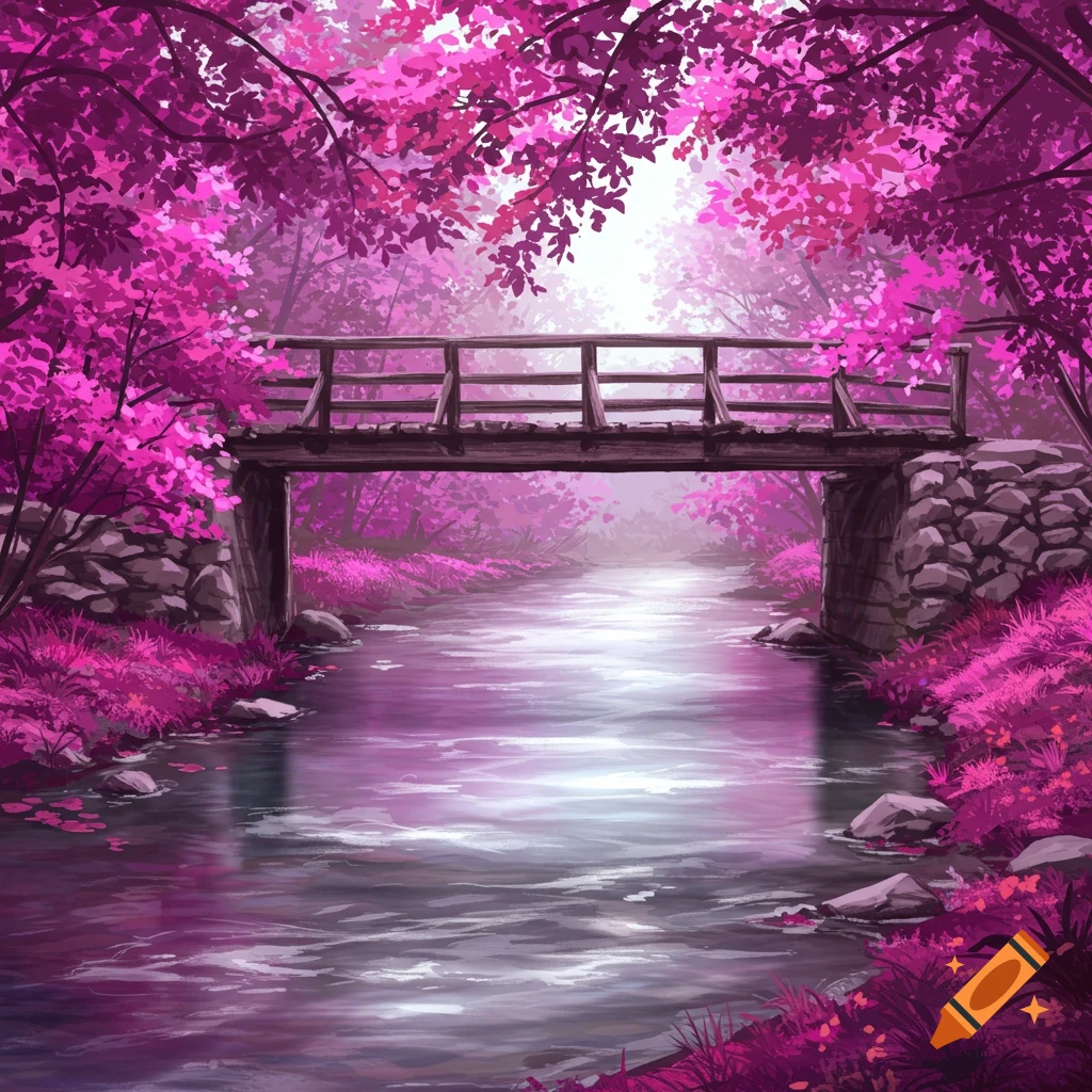 A river flowing under a wooden bridge, surrounded by trees and foliage with vibrant pink and purple leaves.