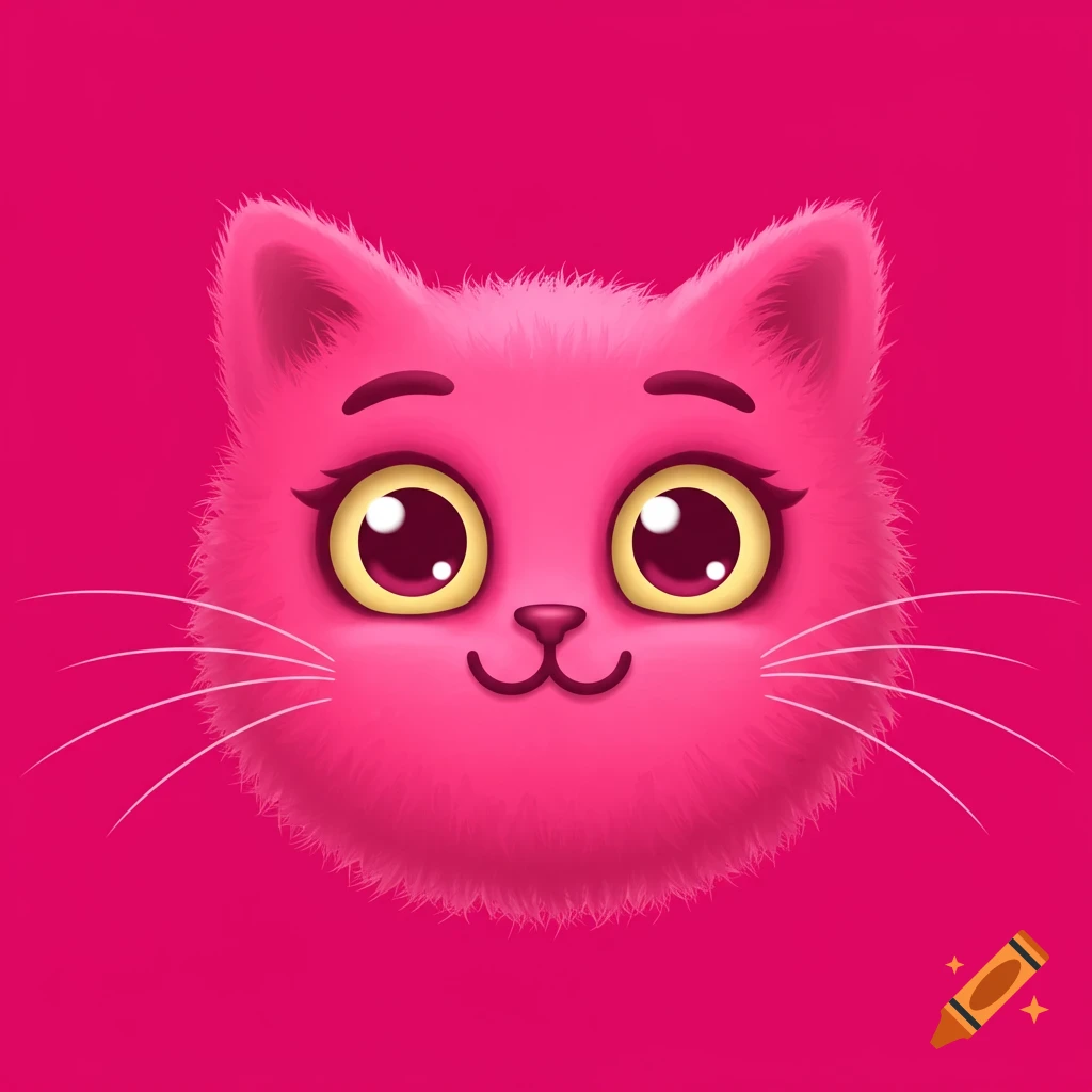 A close-up cartoon of a pink fluffy cat face with large yellow eyes and white whiskers.