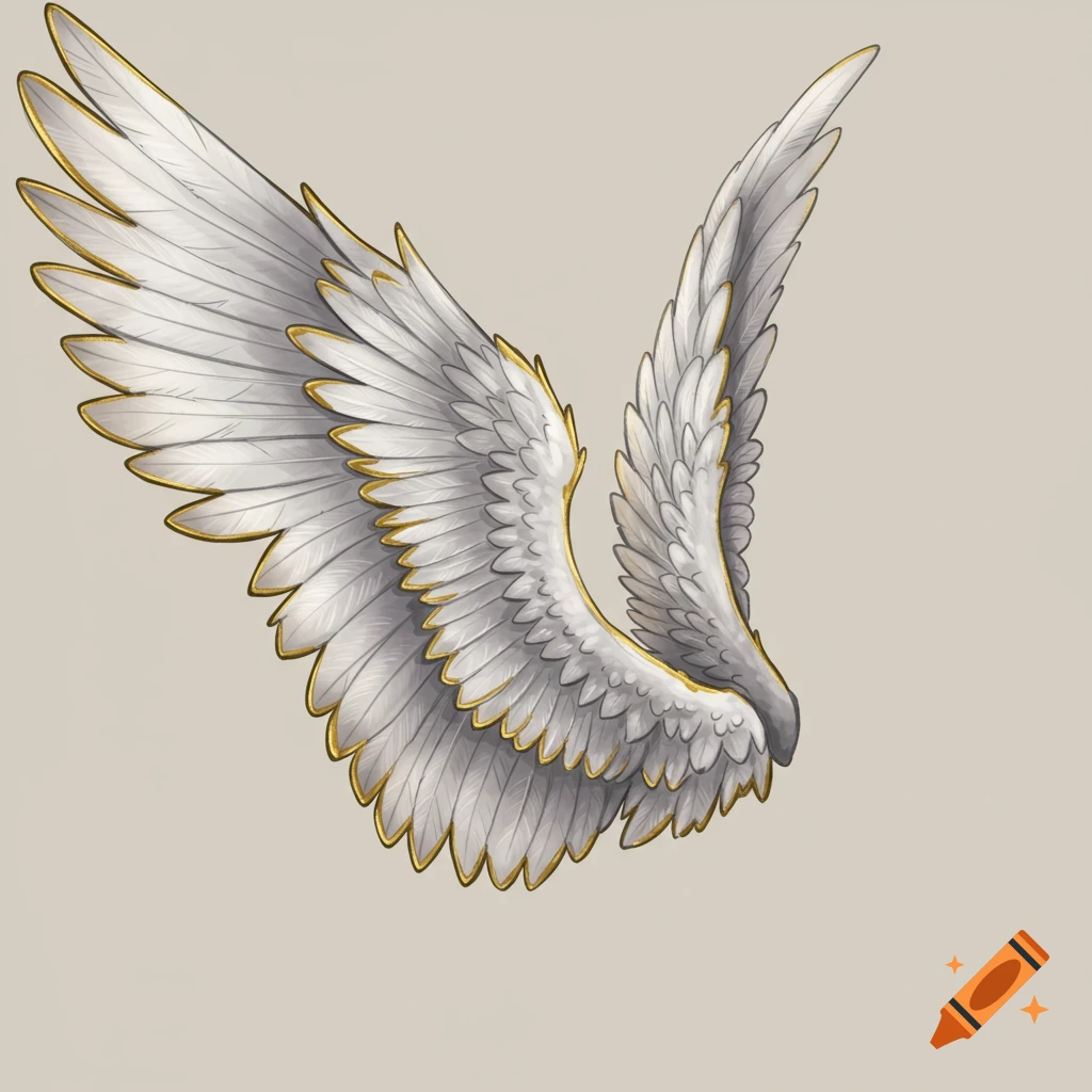 Drawing of white angel wings with gold trim on a grey background.
