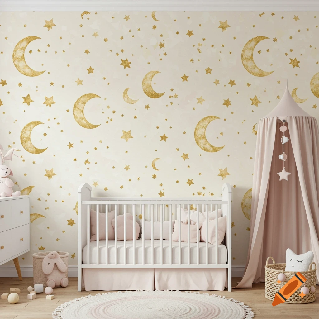 A baby nursery room with a white crib, celestial moon and stars wallpaper, and a pink canopy.
