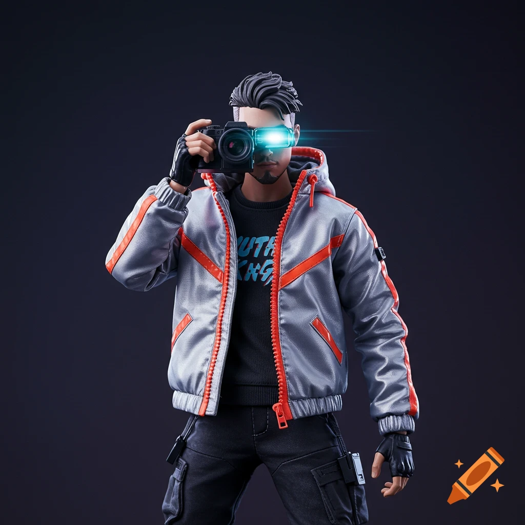 Stylized figure in cyberpunk jacket holding camera with glowing lens