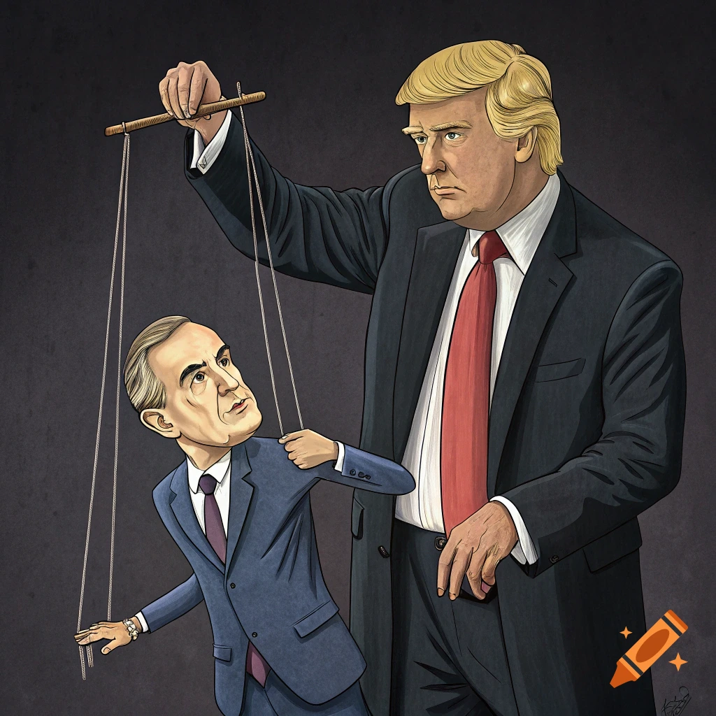 Cartoon illustration of Donald Trump controlling a man like a puppet.