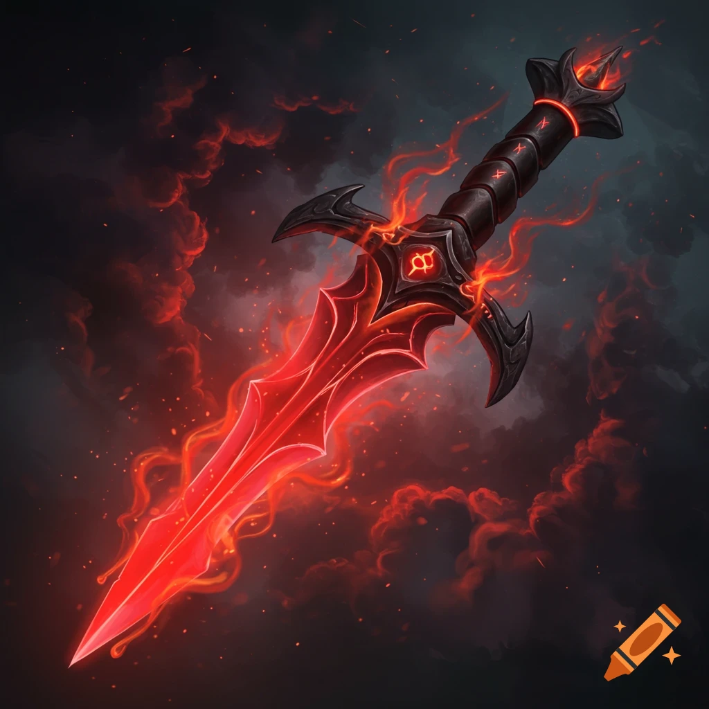 A magical red dagger with a flaming blade against a dark cloudy background.