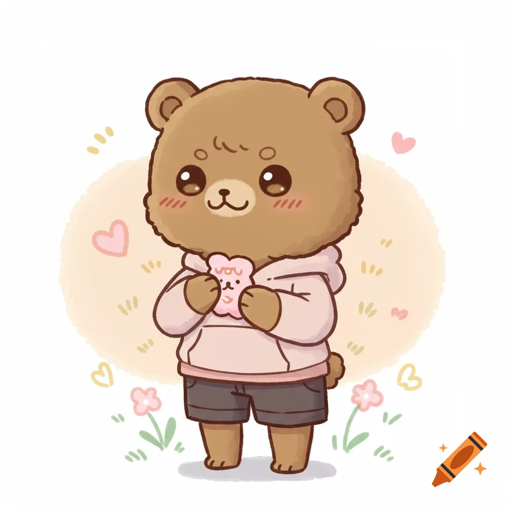 Cute cartoon bear in a pink hoodie holding a pink heart-shaped item with the word YOU on it.